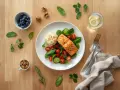 Grillowany łosoś z kaszą i sałatką, jagody, orzechy i woda z cytryną – idealny posiłek w stylu dieta DASH.