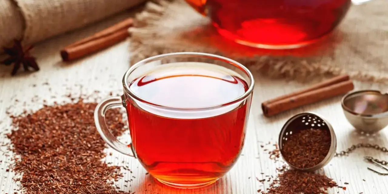 Czerwona herbata rooibos, znana ze swoich właściwości zdrowotnych, w szklanej filiżance, obok cynamonu i gwiazdki anyżu.