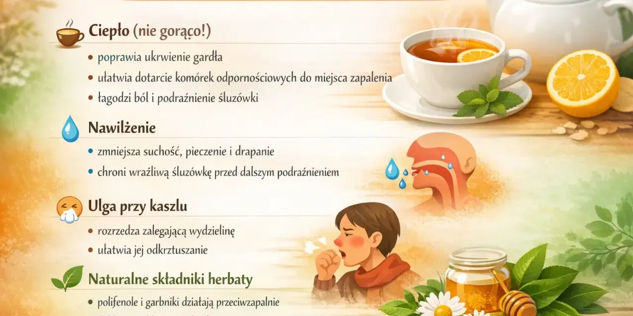 Ciepła herbata, miód i cytryna to idealna odpowiedź na pytanie: jaka herbata na ból gardła? Łagodzi, nawilża i pomaga przy kaszlu.