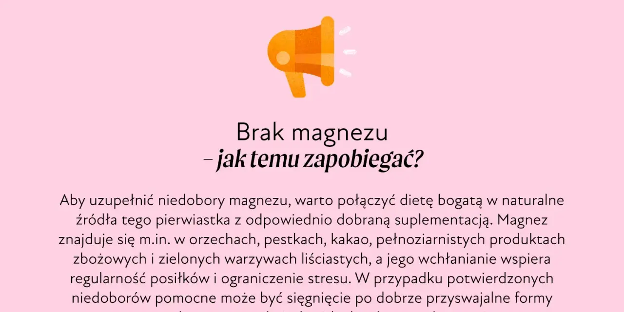Grafika z hasłem "WAŻNE" i ikoną megafonu. Tekst informuje o tym, jak zapobiegać niedoborom magnezu, sugerując dietę bogatą w naturalne źródła i suplementację.