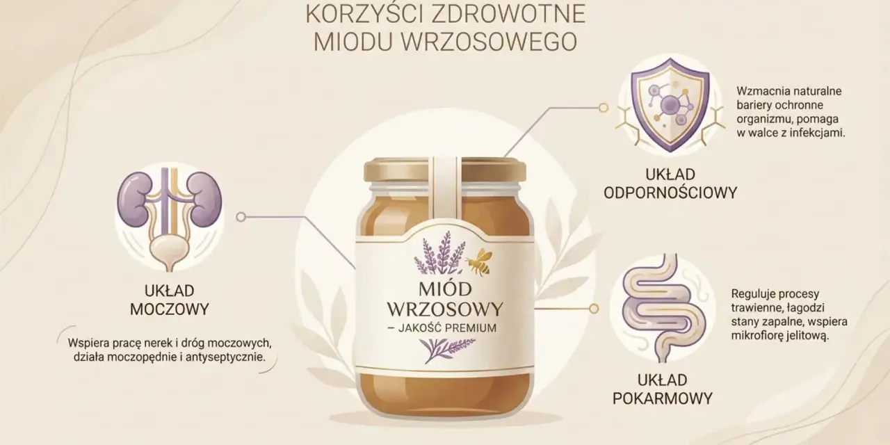 Miód wrzosowy właściwości: wspiera układ moczowy, odpornościowy i pokarmowy. Wzmacnia odporność, łagodzi stany zapalne.