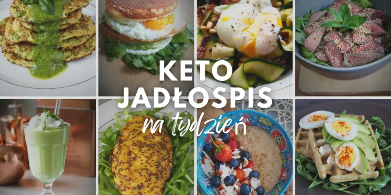 Keto jadłospis na tydzień: placki cukiniowe, jajko sadzone z awokado, sałatka z jajkiem w koszulce, steki, koktajl, kurczak i owsianka z owocami.