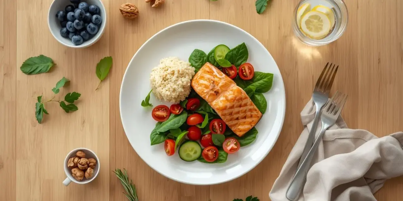 Grillowany łosoś z kaszą i sałatką, jagody, orzechy i woda z cytryną – idealny posiłek w stylu dieta DASH.
