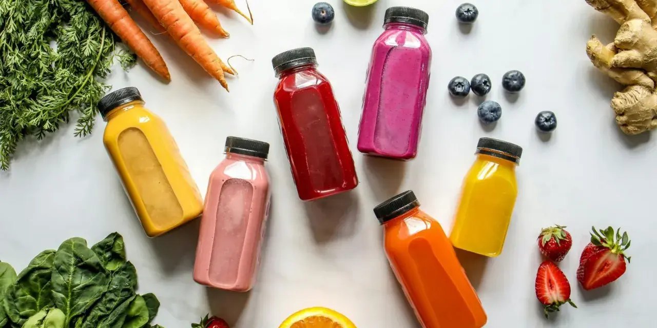 Kolorowe butelki z sokami, marchewki, szpinak i owoce – idealny zestaw na detox organizmu.