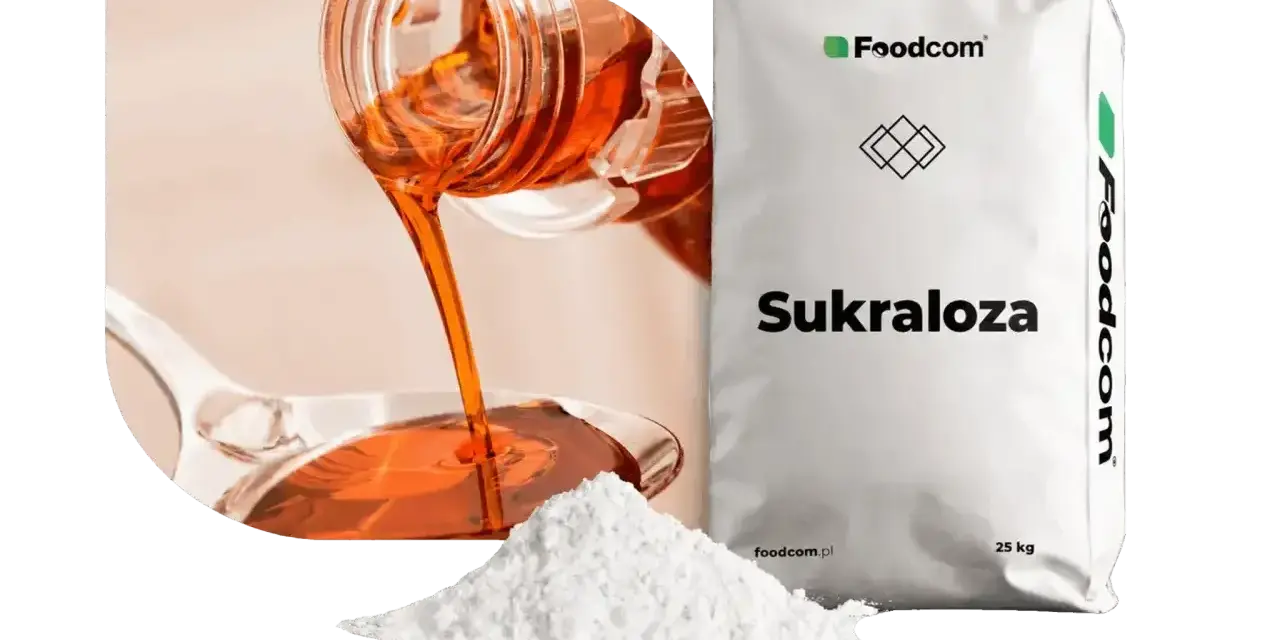 Słodzik sukraloza w proszku i płynie, obok białego worka z napisem "Sukraloza".