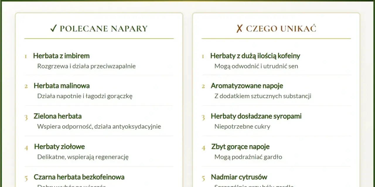Jaka herbata na katar? Polecane napary: z imbirem, malinowa, zielona, ziołowe, czarna bezkofeinowa. Unikaj: z kofeiną, aromatyzowanych, słodzonych, zbyt gorących, cytrusów.