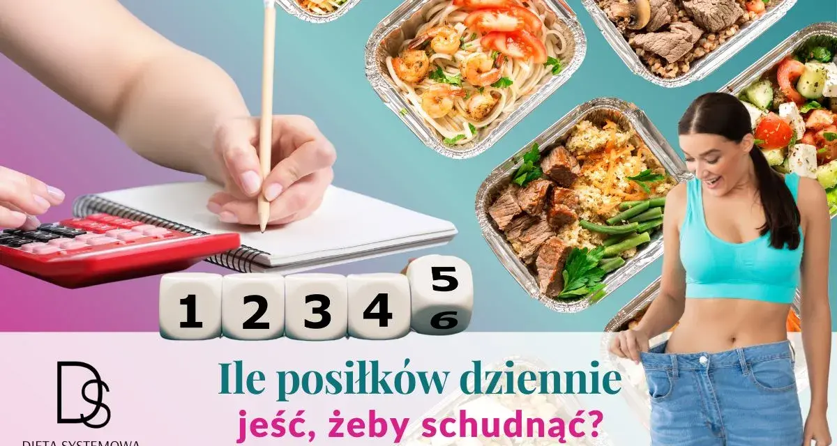 Kobieta z radością pokazuje swoje nowe, luźne spodnie. Obok kostki z cyframi od 1 do 6 i pytanie: ile posiłków dziennie jeść, żeby schudnąć?