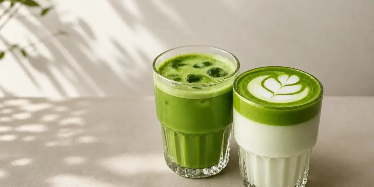 Dwa orzeźwiające napoje matcha w szklankach. Jeden z lodem, drugi z mleczną pianką i wzorem. Idealne na upalne dni, gdy zastanawiasz się, matcha co to.