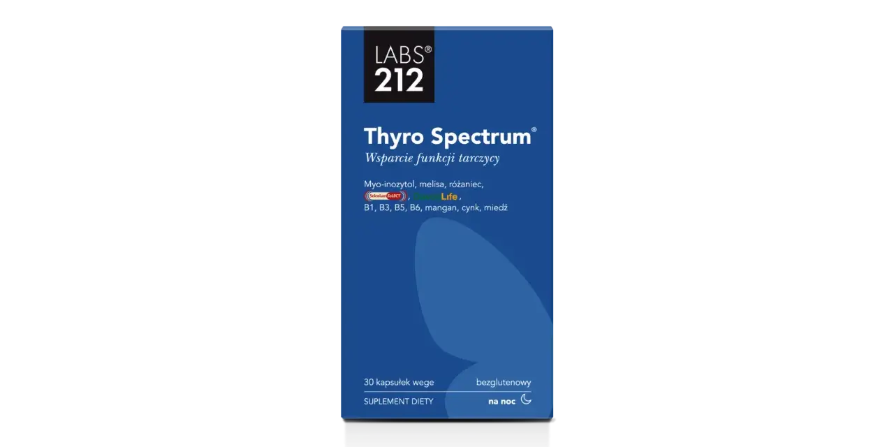 Suplement diety Thyro Spectrum z inozytolem wspiera tarczycę. Zawiera myo-inozytol, melisę, róże, selen, witaminy i minerały.