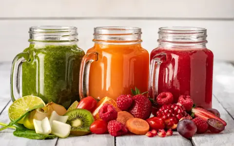 Trzy słoiki z kolorowymi sokami: zielonym, pomarańczowym i czerwonym. Obok owoce i warzywa, idealne na dietę sokową.