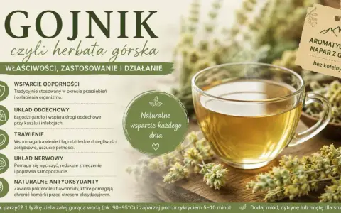 Aromatyczna herbata z gojnika, czyli górskiego ziela, w szklanej filiżance. Napar bez kofeiny, wspierający odporność i trawienie.