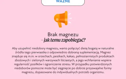 Grafika z hasłem "WAŻNE" i ikoną megafonu. Tekst informuje o tym, jak zapobiegać niedoborom magnezu, sugerując dietę bogatą w naturalne źródła i suplementację.
