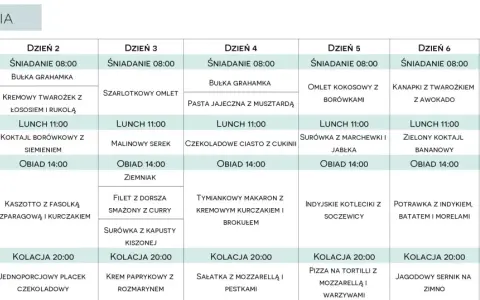 Tygodniowy plan posiłków, idealny dla diety 2000 kcal, zawiera propozycje śniadań, lunchów, obiadów i kolacji na każdy dzień.