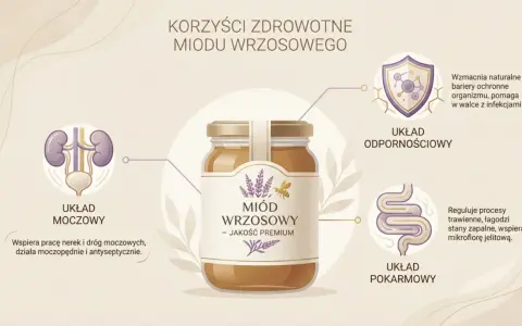 Miód wrzosowy właściwości: wspiera układ moczowy, odpornościowy i pokarmowy. Wzmacnia odporność, łagodzi stany zapalne.