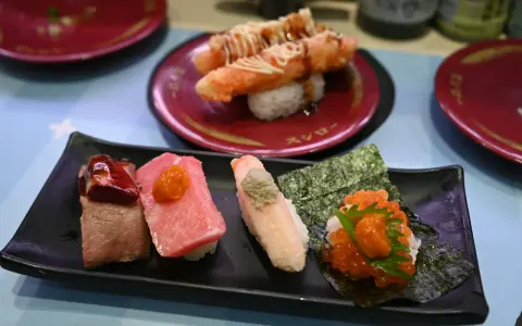 Różnorodne sushi na czarnym talerzu: kawałki mięsa, tuńczyka, kraba z wasabi i ikry. To wszystko, co potrzebne, by zrozumieć, co to są nukleotydy – budulec życia!