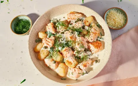Pyszne gnocchi z łososiem w kremowym sosie, udekorowane koperkiem i kaparami. Obok miseczka z tartym serem.