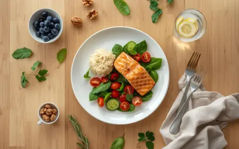 Grillowany łosoś z kaszą i sałatką, jagody, orzechy i woda z cytryną – idealny posiłek w stylu dieta DASH.