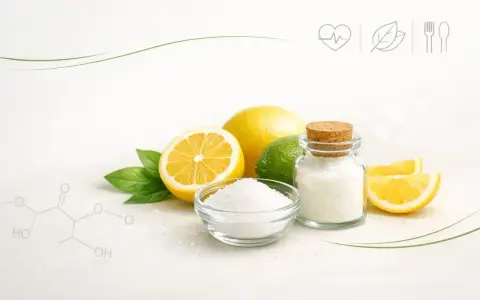 Cytryny, limonka, liście i kryształki kwasu cytrynowego. Czy kwasek cytrynowy jest zdrowy? Symbol serca i liścia sugeruje zdrowie.