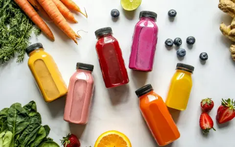 Kolorowe butelki z sokami, marchewki, szpinak i owoce – idealny zestaw na detox organizmu.