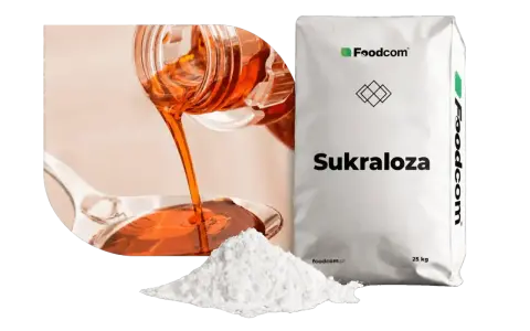 Słodzik sukraloza w proszku i płynie, obok białego worka z napisem "Sukraloza".