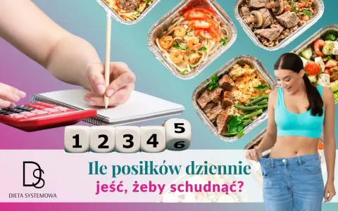Kobieta z radością pokazuje swoje nowe, luźne spodnie. Obok kostki z cyframi od 1 do 6 i pytanie: ile posiłków dziennie jeść, żeby schudnąć?