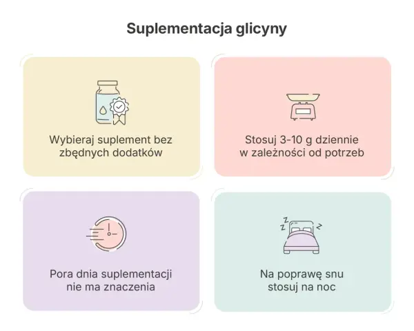 Glicyna co to? Porady dotyczące suplementacji: wybieraj czyste preparaty, stosuj 3-10g dziennie, pora dnia nie ma znaczenia, na sen przyjmuj na noc.