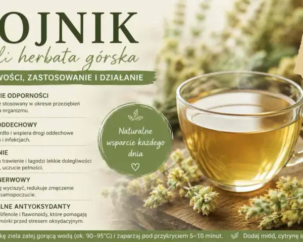 Aromatyczna herbata z gojnika, czyli górskiego ziela, w szklanej filiżance. Napar bez kofeiny, wspierający odporność i trawienie.