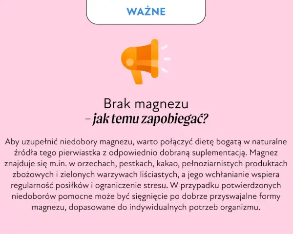 Grafika z hasłem "WAŻNE" i ikoną megafonu. Tekst informuje o tym, jak zapobiegać niedoborom magnezu, sugerując dietę bogatą w naturalne źródła i suplementację.