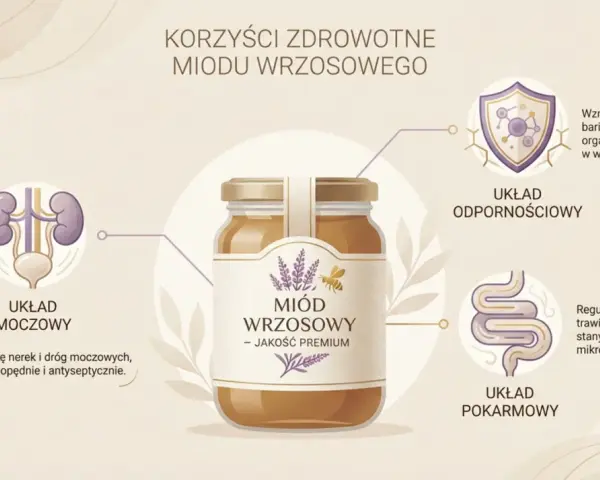 Miód wrzosowy właściwości: wspiera układ moczowy, odpornościowy i pokarmowy. Wzmacnia odporność, łagodzi stany zapalne.