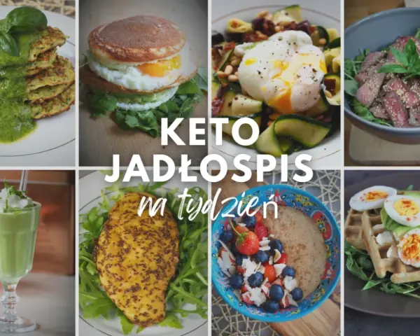 Keto jadłospis na tydzień: placki cukiniowe, jajko sadzone z awokado, sałatka z jajkiem w koszulce, steki, koktajl, kurczak i owsianka z owocami.