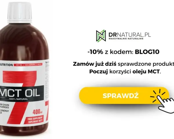 Butelka oleju MCT 100% naturalnego. Zamów już dziś i poczuj korzyści oleju MCT. Zniżka -10% z kodem BLOG10.