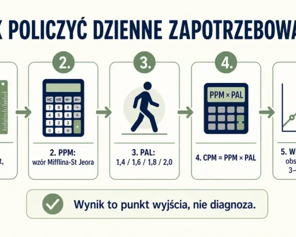 Jak obliczyć dzienne zapotrzebowanie kaloryczne: dane, PPM, PAL, CPM i weryfikacja masy. Wynik to punkt wyjścia.