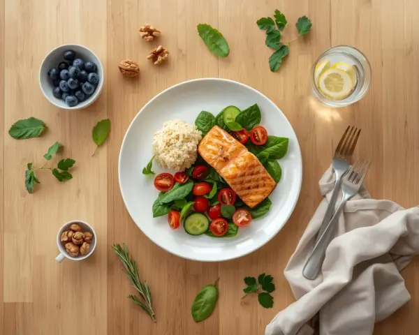 Grillowany łosoś z kaszą i sałatką, jagody, orzechy i woda z cytryną – idealny posiłek w stylu dieta DASH.