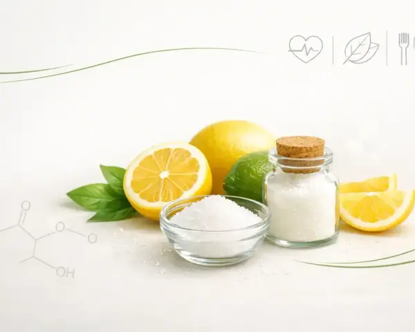 Cytryny, limonka, liście i kryształki kwasu cytrynowego. Czy kwasek cytrynowy jest zdrowy? Symbol serca i liścia sugeruje zdrowie.