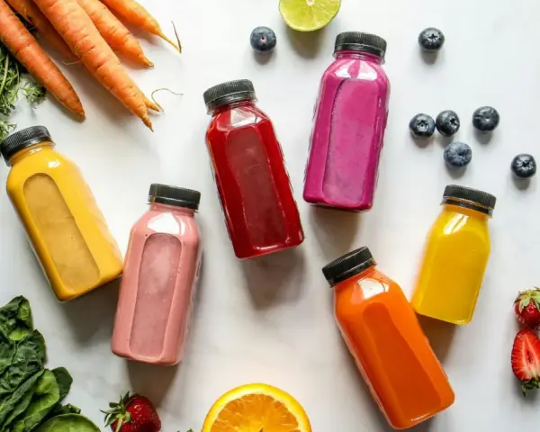 Kolorowe butelki z sokami, marchewki, szpinak i owoce – idealny zestaw na detox organizmu.