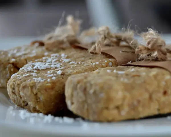 Domowe batony proteinowe przepis. Trzy domowe batony proteinowe, posypane wiórkami kokosowymi, zawinięte w papier i związane sznurkiem.