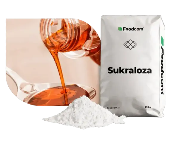 Słodzik sukraloza w proszku i płynie, obok białego worka z napisem "Sukraloza".