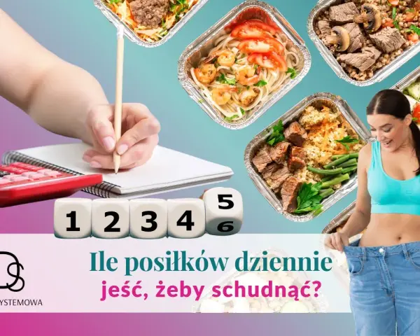Kobieta z radością pokazuje swoje nowe, luźne spodnie. Obok kostki z cyframi od 1 do 6 i pytanie: ile posiłków dziennie jeść, żeby schudnąć?