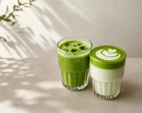 Dwa orzeźwiające napoje matcha w szklankach. Jeden z lodem, drugi z mleczną pianką i wzorem. Idealne na upalne dni, gdy zastanawiasz się, matcha co to.