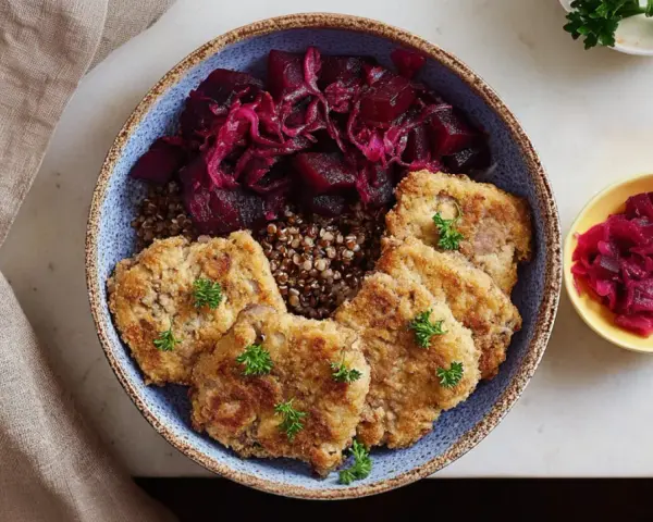 Chrupiące kotlety z tofu podane z kaszą i buraczkami. Pyszne i zdrowe danie wegańskie.