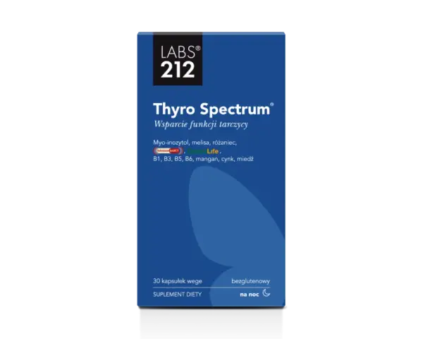 Suplement diety Thyro Spectrum z inozytolem wspiera tarczycę. Zawiera myo-inozytol, melisę, róże, selen, witaminy i minerały.