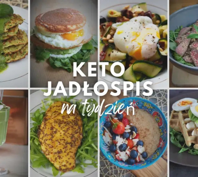 Keto jadłospis na tydzień: placki cukiniowe, jajko sadzone z awokado, sałatka z jajkiem w koszulce, steki, koktajl, kurczak i owsianka z owocami.