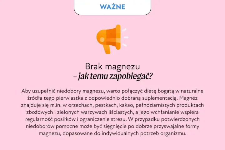 Grafika z hasłem "WAŻNE" i ikoną megafonu. Tekst informuje o tym, jak zapobiegać niedoborom magnezu, sugerując dietę bogatą w naturalne źródła i suplementację.