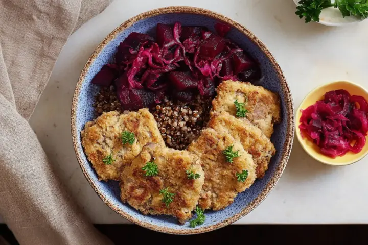 Chrupiące kotlety z tofu podane z kaszą i buraczkami. Pyszne i zdrowe danie wegańskie.