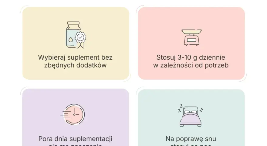 Glicyna co to? Porady dotyczące suplementacji: wybieraj czyste preparaty, stosuj 3-10g dziennie, pora dnia nie ma znaczenia, na sen przyjmuj na noc.