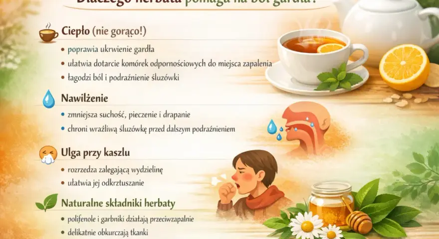 Ciepła herbata, miód i cytryna to idealna odpowiedź na pytanie: jaka herbata na ból gardła? Łagodzi, nawilża i pomaga przy kaszlu.