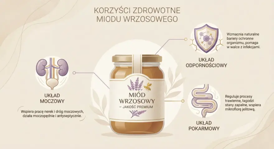 Miód wrzosowy właściwości: wspiera układ moczowy, odpornościowy i pokarmowy. Wzmacnia odporność, łagodzi stany zapalne.