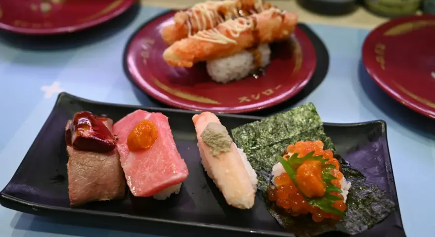 Różnorodne sushi na czarnym talerzu: kawałki mięsa, tuńczyka, kraba z wasabi i ikry. To wszystko, co potrzebne, by zrozumieć, co to są nukleotydy – budulec życia!