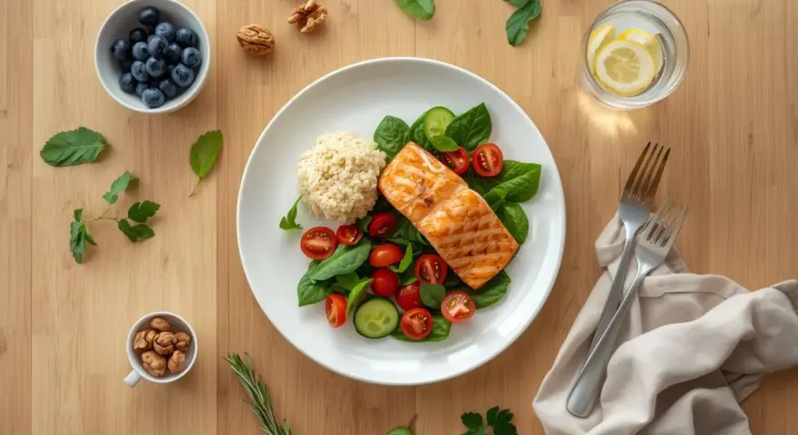 Grillowany łosoś z kaszą i sałatką, jagody, orzechy i woda z cytryną – idealny posiłek w stylu dieta DASH.