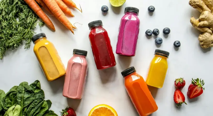 Kolorowe butelki z sokami, marchewki, szpinak i owoce – idealny zestaw na detox organizmu.